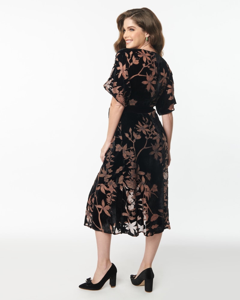 Unique Vintage Black Floral Velvet Wrap Midi Dress Black Gold Flora